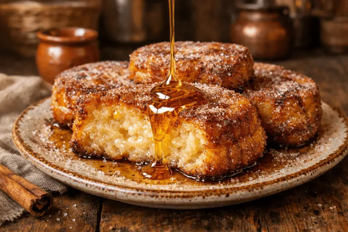 Torrijas al horno doradas y crujientes, bañadas en miel dorada y espolvoreadas con azúcar y canela. Un dulce casero irresistible.