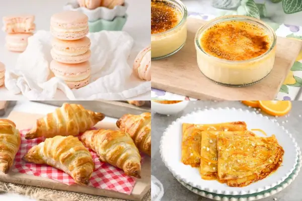 Macarons rosados, croissants dorados, crème brûlée y crepes de naranja, una deliciosa selección de postres franceses.